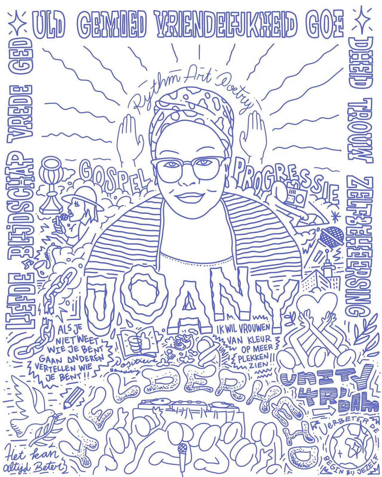 Illustratie van Joany met woorden als liefde, vrede, gospel, progressie en zelfbeheersing